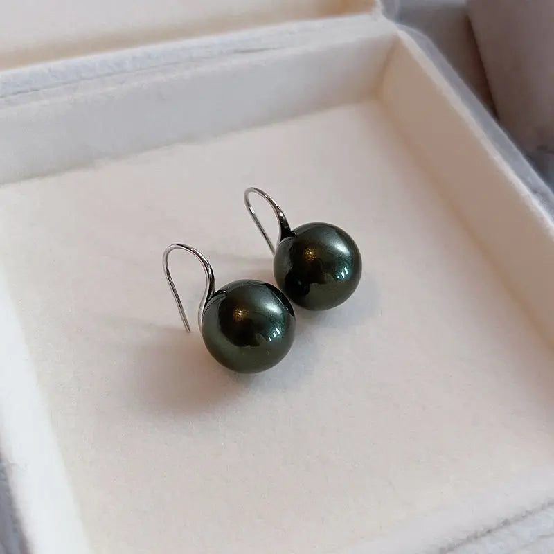 14mm dark green peacock pearl stud earrings exquisite diamond 12mm retro earrings high heels square round face super ear hook