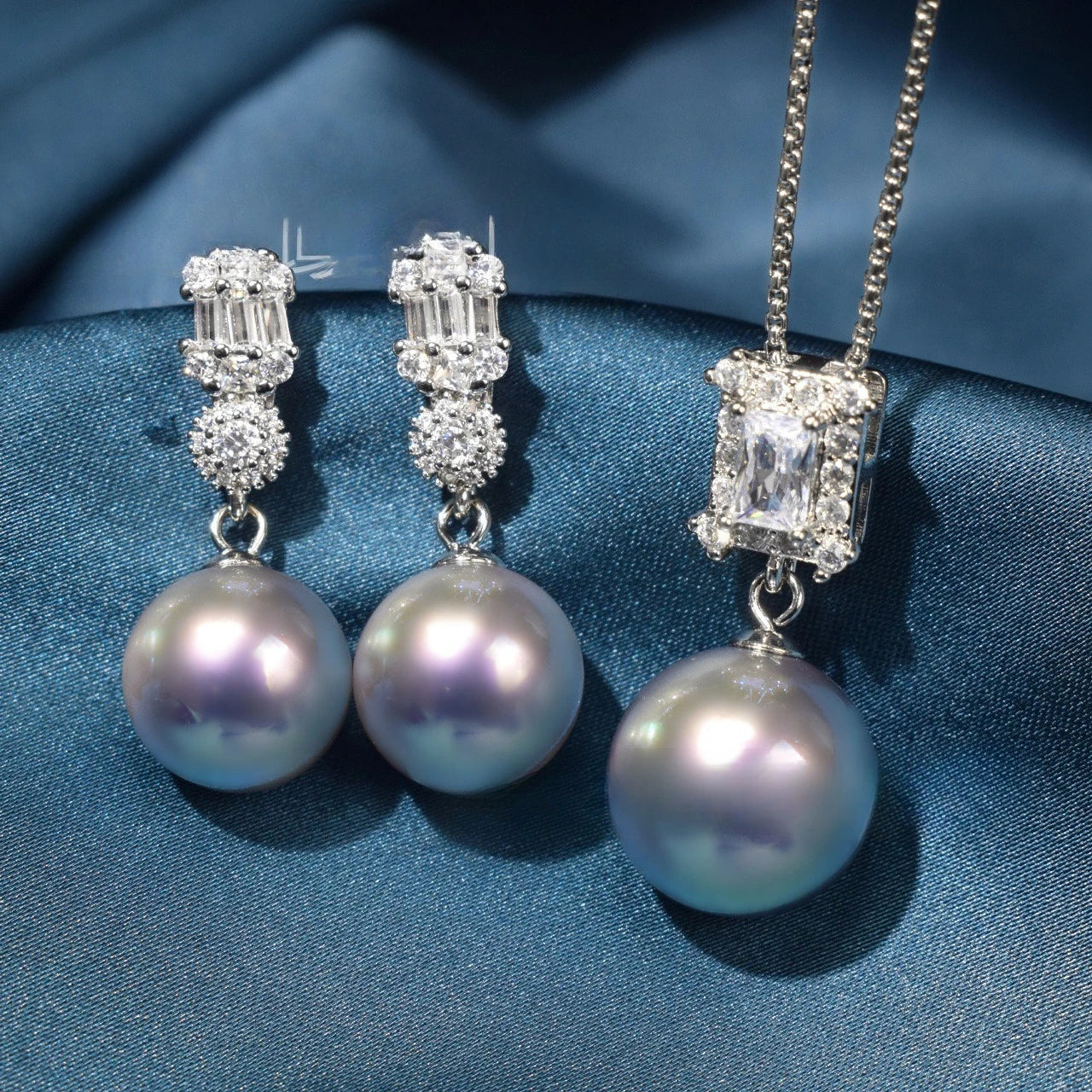 Diana Inspired Pearl Jewelry Set – Square Zircon Inlaid Earrings & Pendant Necklace | Luxury Daily Wear