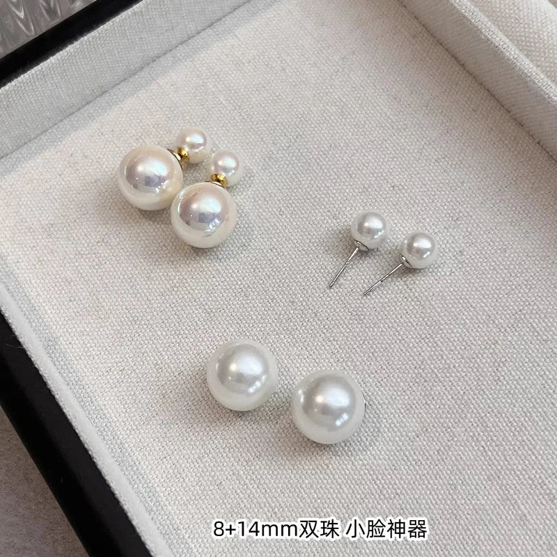 Double-sided pearl stud earrings, sterling silver women, Australian white temperament, two  shell pearl in front and rear