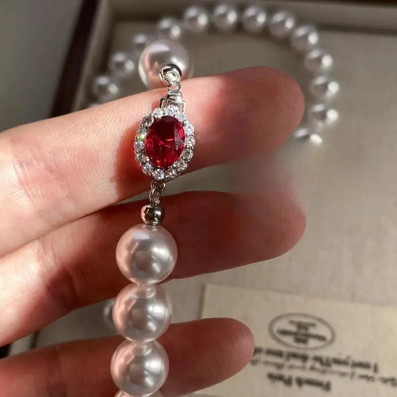 Elegant White Pearl Necklace for Women, Red Crystal Clasp Pearl Choker Necklace, Vintage Jewelry Gift