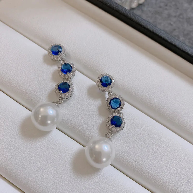 Luxury Blue Crystal Pearl Drop Earrings for Women - Elegant  Long Dangle Earrings - High-End Wedding Party Jewelry Gift