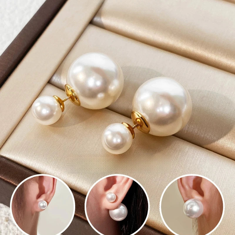 Double Pearl Stud Earrings – French Elegant Front-Back Shell Pearl Jewelry