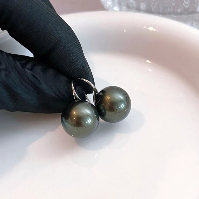 14mm dark green peacock pearl stud earrings exquisite diamond 12mm retro earrings high heels square round face super ear hook