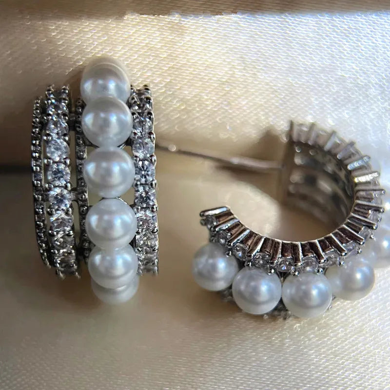 C type multi-layer full diamond stud earrings pendant fashion French mother shell pearl stud earrings women's shell pearl