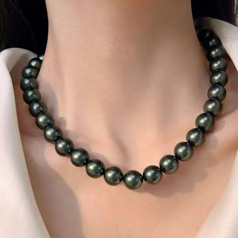 8mm-14mm dark green shell pearl necklace, women's high-end with strong luster, malachite green neck  mother of pearl