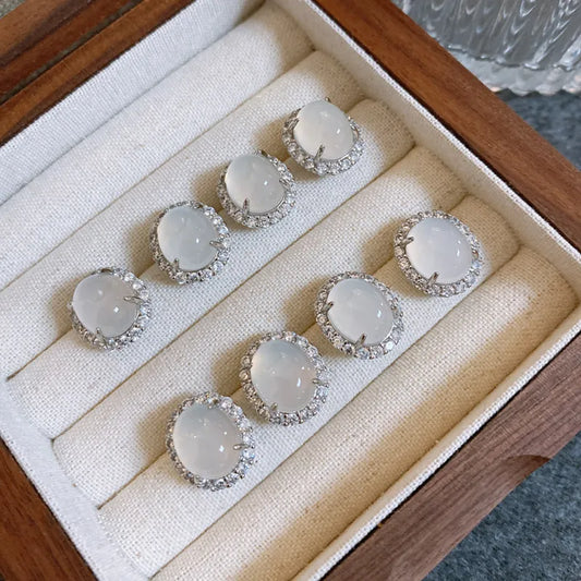 Transparent earrings, pigeon egg chalcedony earrings, women's diamond-encrusted agate earrings gift.