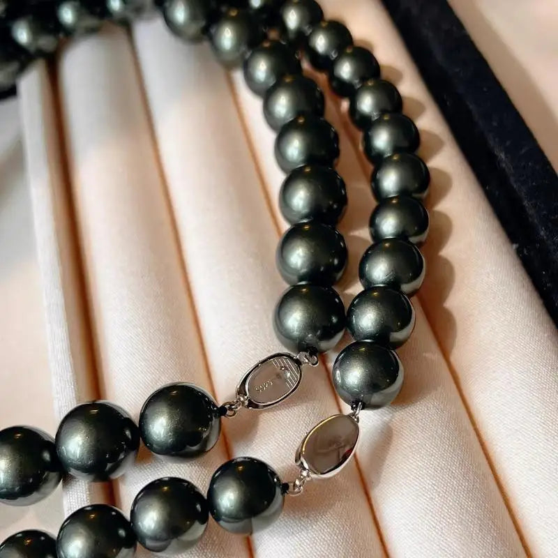 8mm-14mm dark green shell pearl necklace, women's high-end with strong luster, malachite green neck  mother of pearl