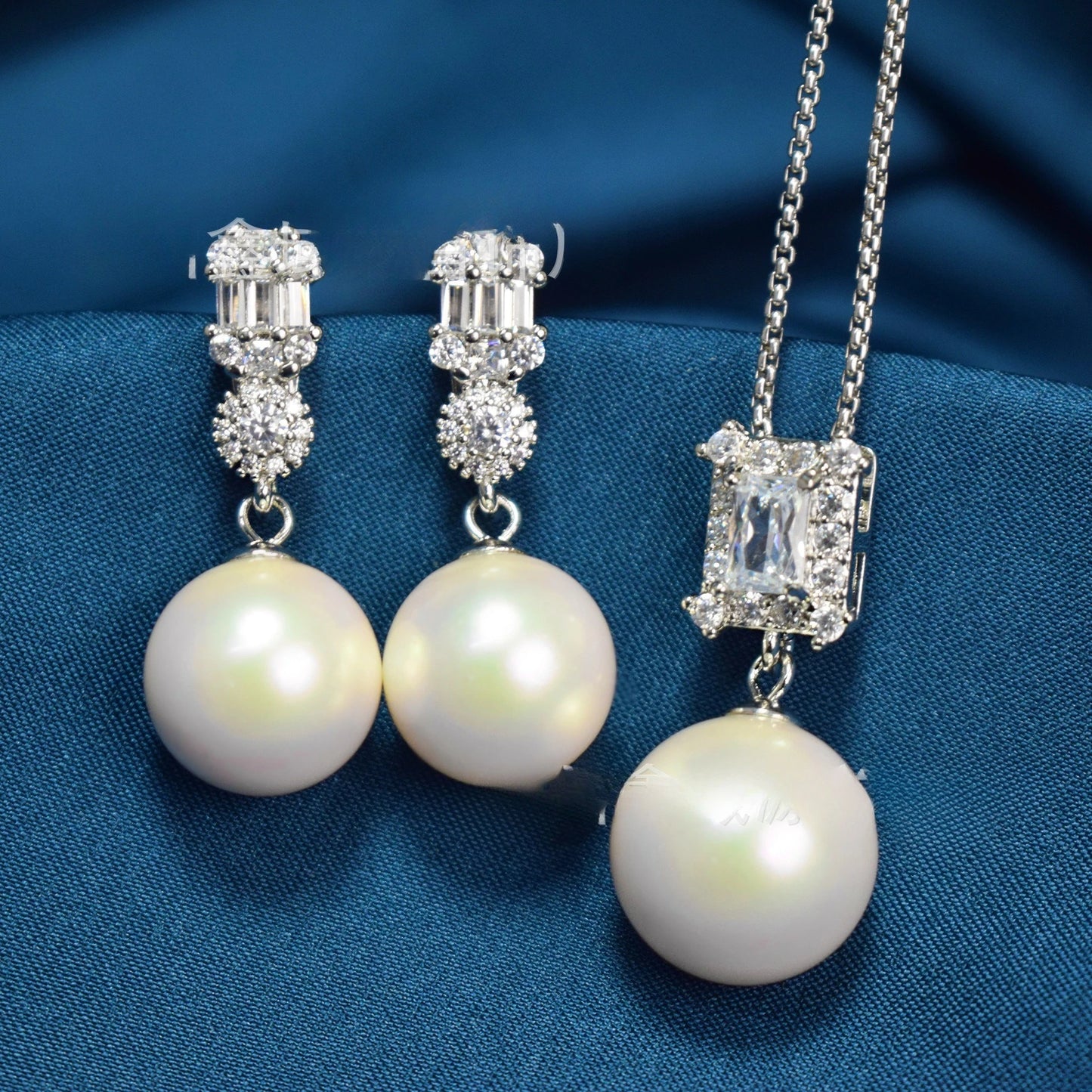 Diana Inspired Pearl Jewelry Set – Square Zircon Inlaid Earrings & Pendant Necklace | Luxury Daily Wear