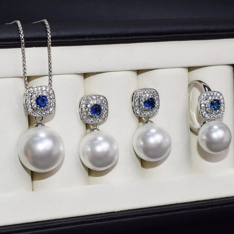 Shell Pearl & Cubic Zirconia Sapphire Jewelry Set - TikTok Viral Bridal & Party Accessories