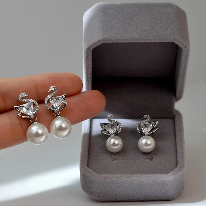 Elegant Swan Shell Pearl Drop Earrings for Women | Zircon Crystal Stud Earrings  Jewelry