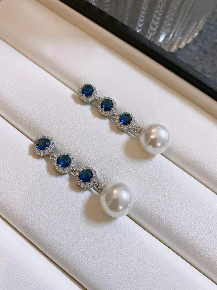 Luxury Blue Crystal Pearl Drop Earrings for Women - Elegant  Long Dangle Earrings - High-End Wedding Party Jewelry Gift