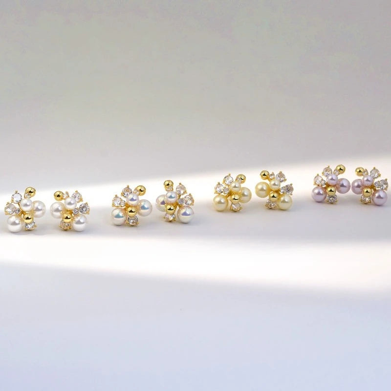 Cluster Shell Pearl Earrings – Luxe Gold-Tone & Sparkly Zircon | Go-To Accessory for Every Outfit