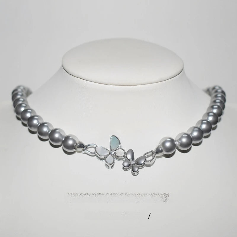 Butterfly Floral Clasp Pearl Necklace Women Gold Shell Pearl Choker Elegant Jewelry Gift