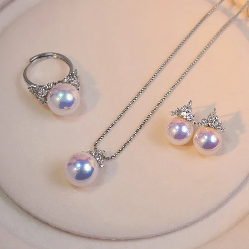 Ice Queen Aura Pearl Jewelry Set – Ice-Cream Color Pearls with Crown Zircon | Light Luxury Silver Plated