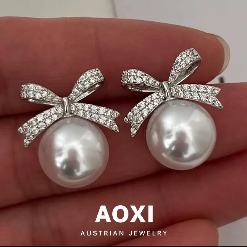 Cute Bow White Pearl Stud Earrings for Women 12mm 14mm, Butterfly Knot Pearl Earrings, Elegant Fashion Jewelry, Birthday Gift
