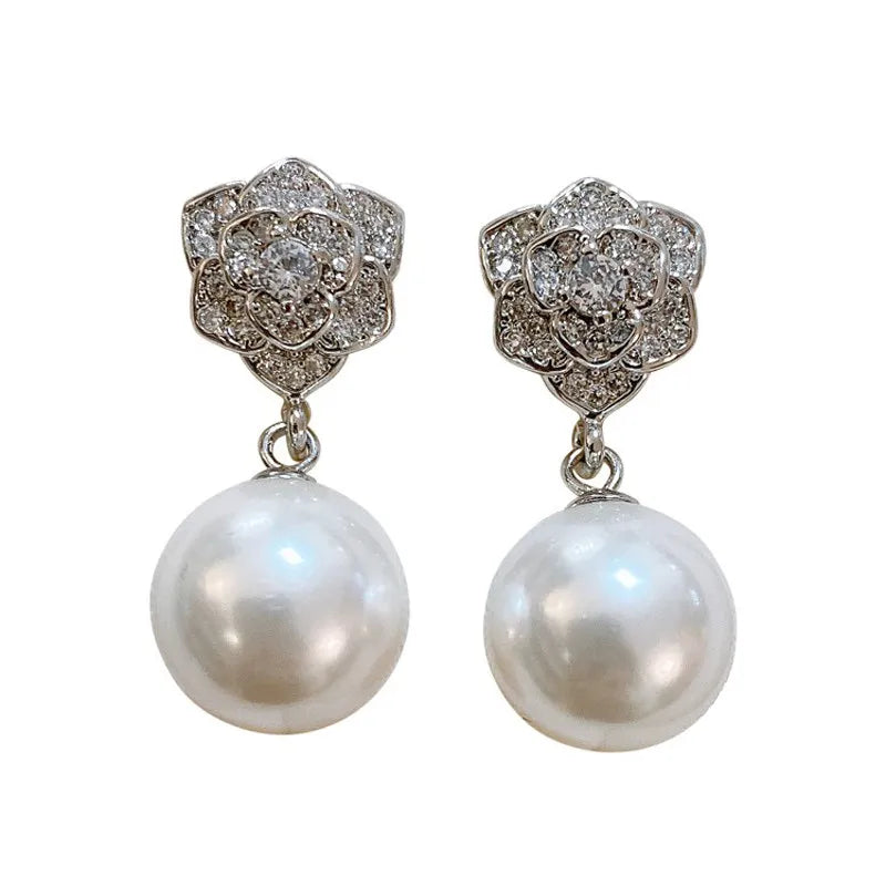 12mmCamellia white pearl stud earrings femininity, French retro diamond-set premium earrings