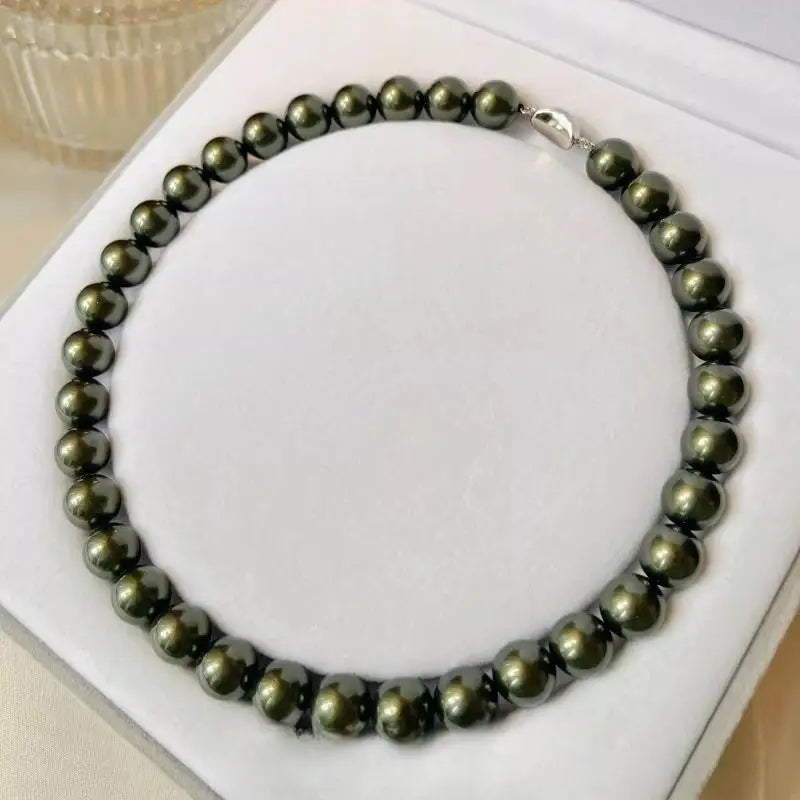 8mm-14mm dark green shell pearl necklace, women's high-end with strong luster, malachite green neck  mother of pearl