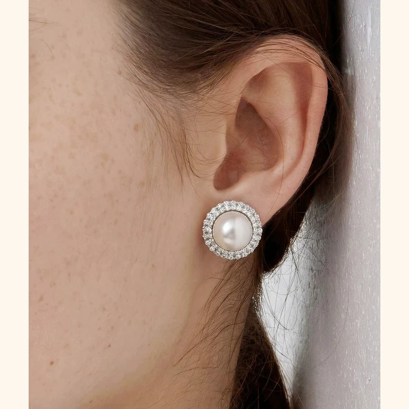 Diamond Halo Pearl Stud Earrings – Elegant Luxe Daily Wear | Classic Pearl Jewelry