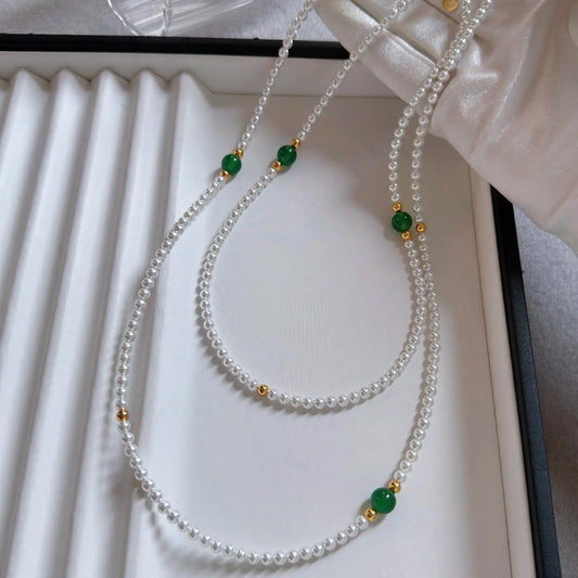 Green chalcedony and white pearl mixed necklace, long women's sweater chain,  can be layered, 2-layer or 3-layeshell