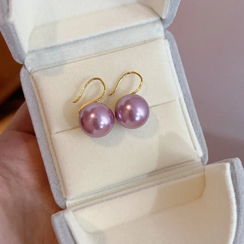 Violet pearl ear-hanging earrings high heels 14mm atmospheric purple large pearl stud earrings retro earrings  shell pearl