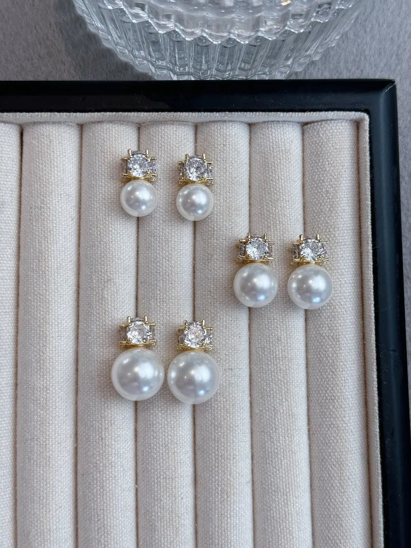 Four-sided diamond Australian white pearl stud earrings Princess Diana, women's light luxury niche high-end earrings design  she