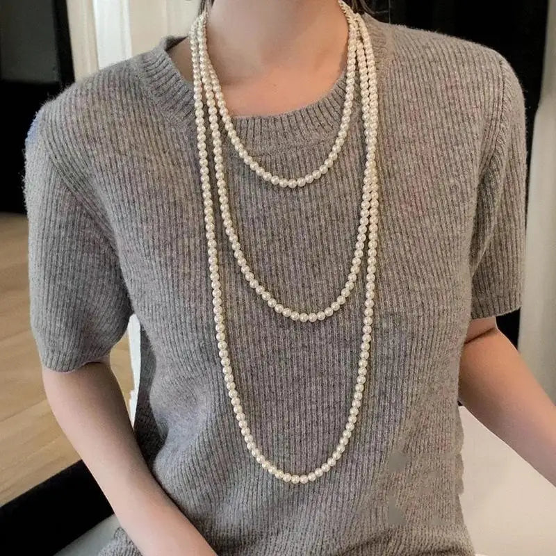 Double-layered long pearl sweater chain 6-10 mm winter Ran'ao mother-of-pearl necklace 85 cm 120 cm 160 cm birthday gift