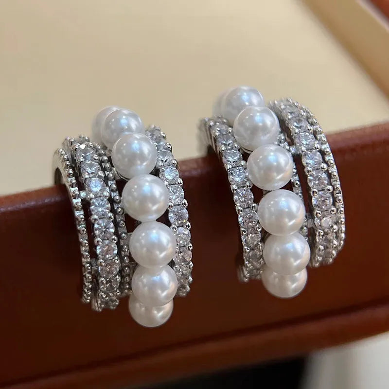 C type multi-layer full diamond stud earrings pendant fashion French mother shell pearl stud earrings women's shell pearl