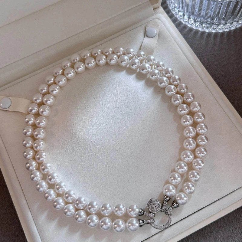 2-in-1 Double Layer White Shell Pearl Necklace for Women, Detachable into 2 Necklaces, Adjustable Length Mother of Pearl Jewelry