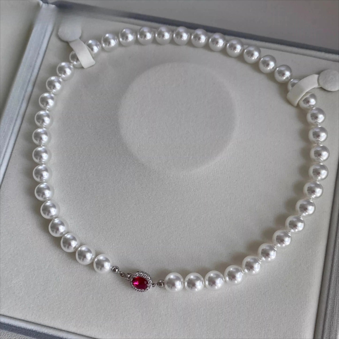 Elegant White Pearl Necklace for Women, Red Crystal Clasp Pearl Choker Necklace, Vintage Jewelry Gift
