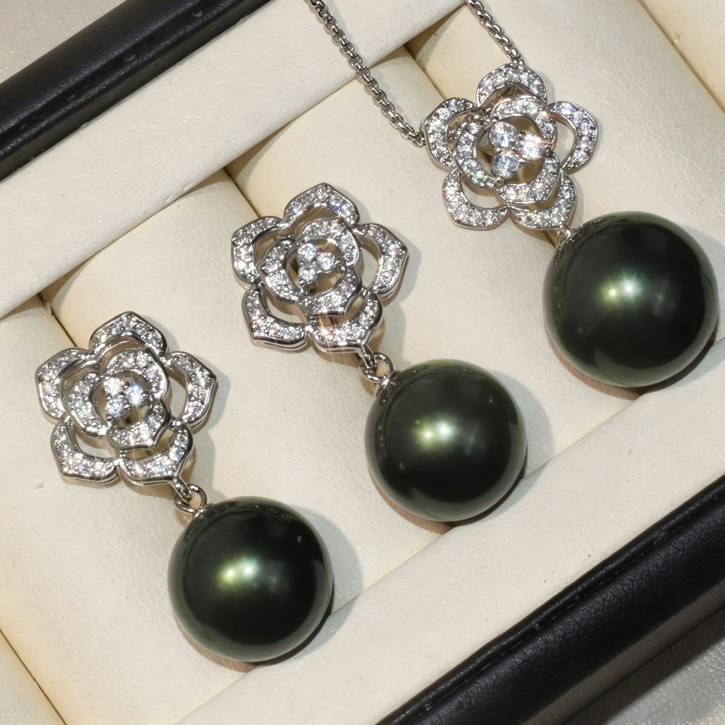 Luxury Camellia Pearl Jewelry Set – Sparkling CZ Flower Necklace & Earrings | Bridal & Daily Wear