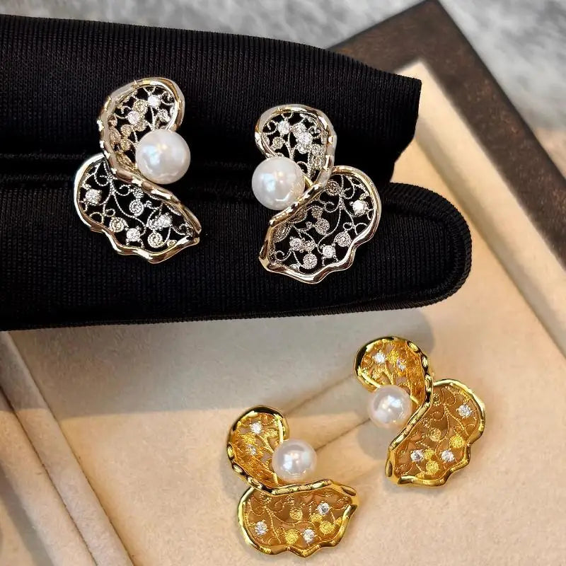 Elegant French Luxury Pearl Earrings Hollow Out Filigree Gold Silver Color Exquisite Female Wedding Party Fine Jewelry
