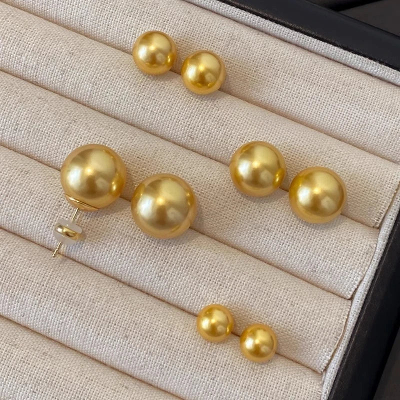 Golden Round Pearl Stud Earrings – Classic Shell Bead Jewelry, French Elegant Style