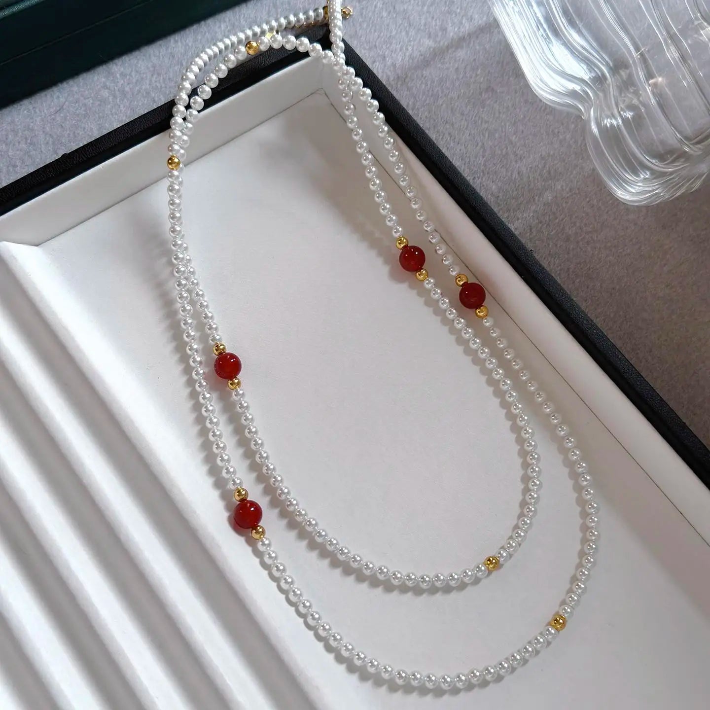Green chalcedony and white pearl mixed necklace, long women's sweater chain,  can be layered, 2-layer or 3-layeshell