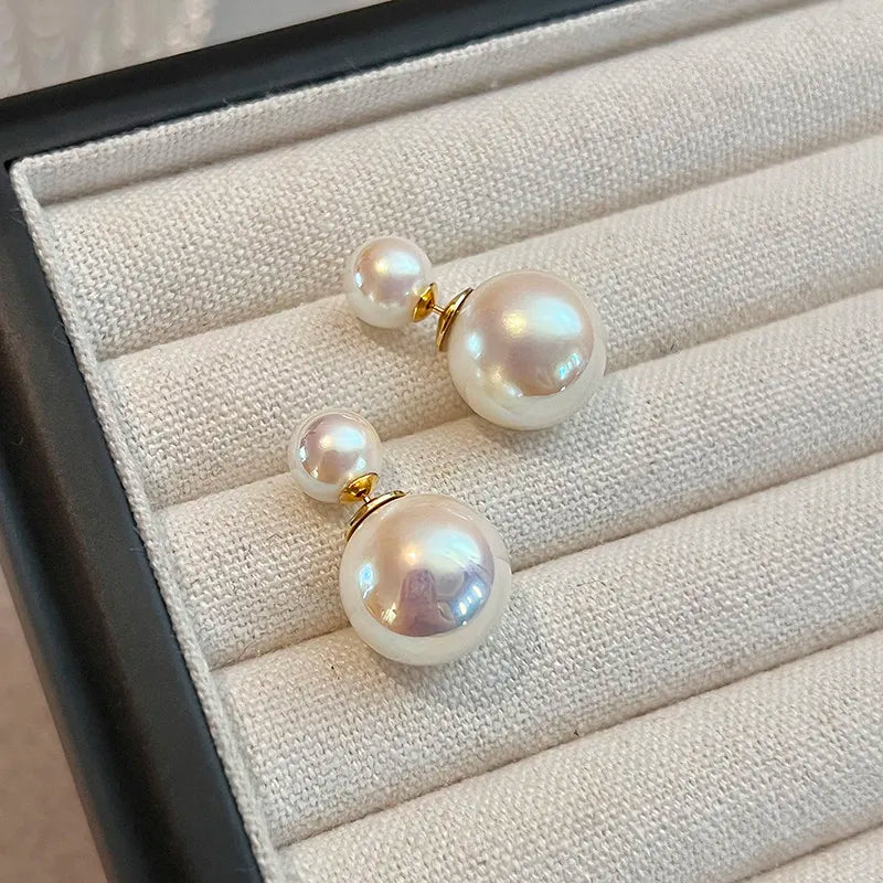 Double-sided pearl stud earrings, sterling silver women, Australian white temperament, two  shell pearl in front and rear