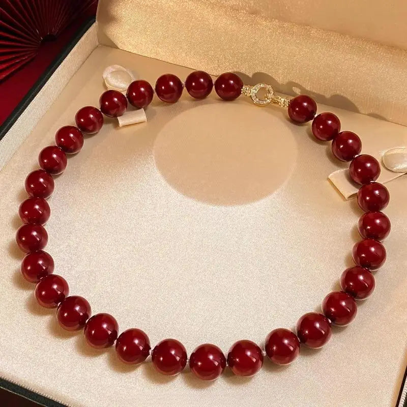 Red Lucky Pearl Necklace for Women, Vintage,shell pearl  Luxurious and Sophisticated Red Collarbone Chain, Festive Wedding Gift