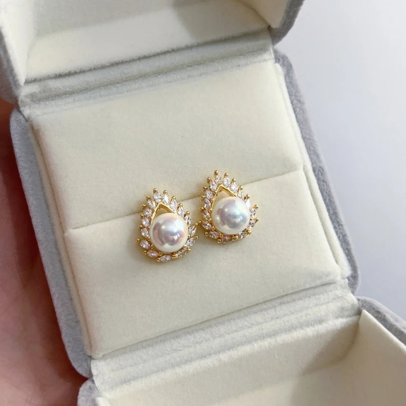 Pearl stud earrings with diamonds and zircon women's 2026 new Tiannu light luxury high-end earrings temperament 12mm  shell pear