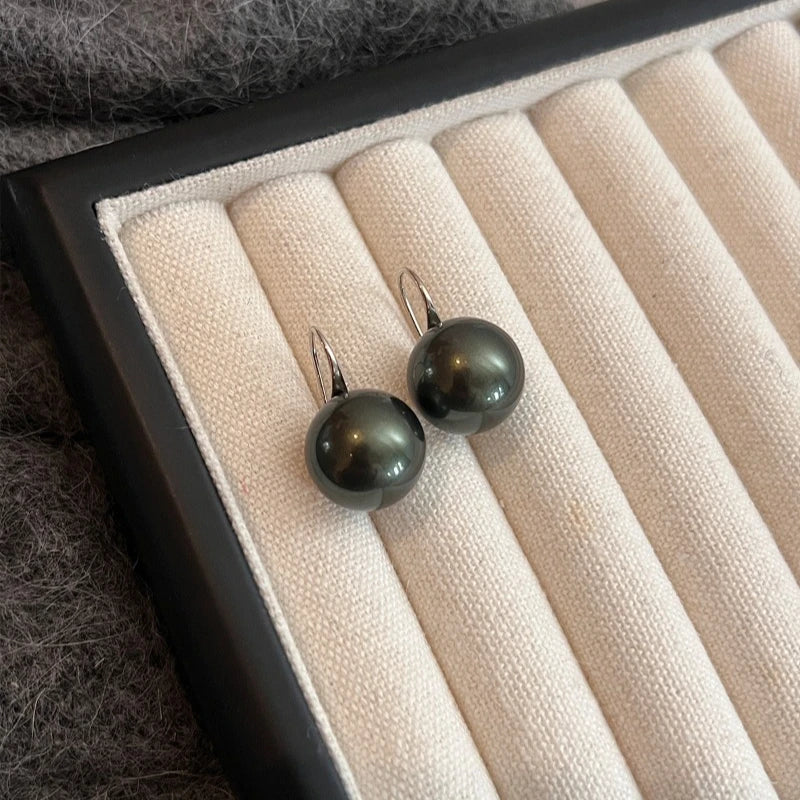 14mm dark green peacock pearl stud earrings exquisite diamond 12mm retro earrings high heels square round face super ear hook