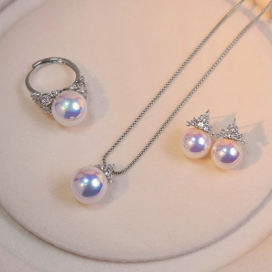 Ice Queen Aura Pearl Jewelry Set – Ice-Cream Color Pearls with Crown Zircon | Light Luxury Silver Plated
