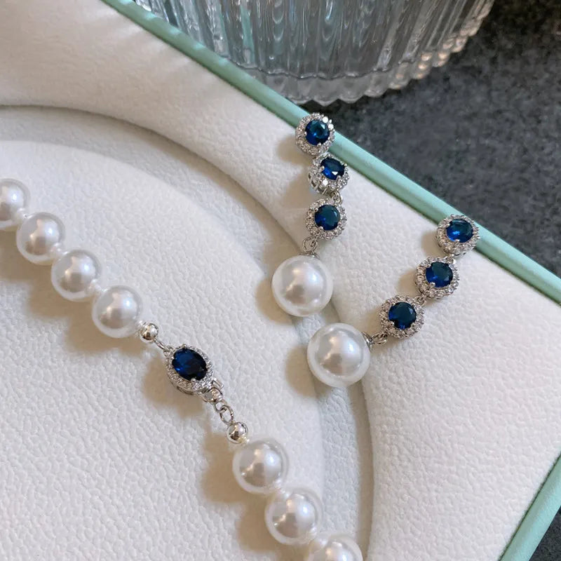 Luxury Blue Crystal Pearl Drop Earrings for Women - Elegant  Long Dangle Earrings - High-End Wedding Party Jewelry Gift