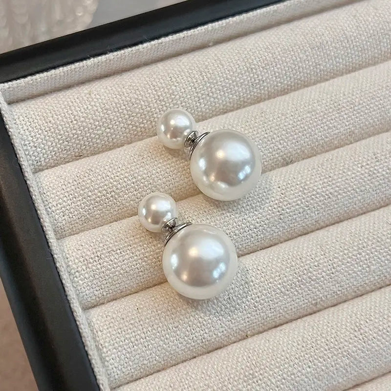 Double-sided pearl stud earrings, sterling silver women, Australian white temperament, two  shell pearl in front and rear