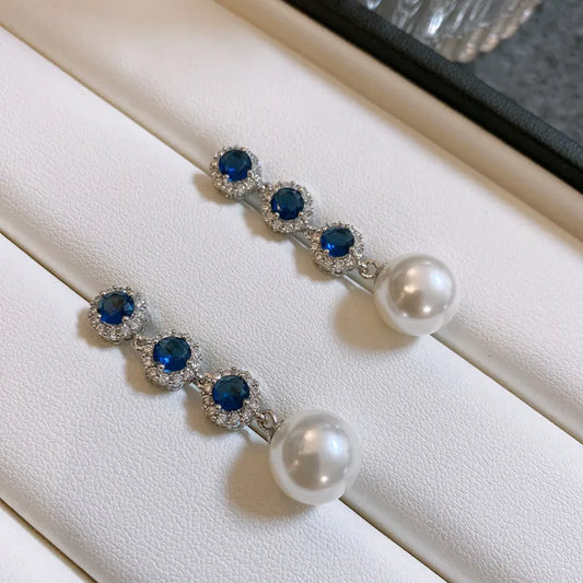 Luxury Blue Crystal Pearl Drop Earrings for Women - Elegant  Long Dangle Earrings - High-End Wedding Party Jewelry Gift