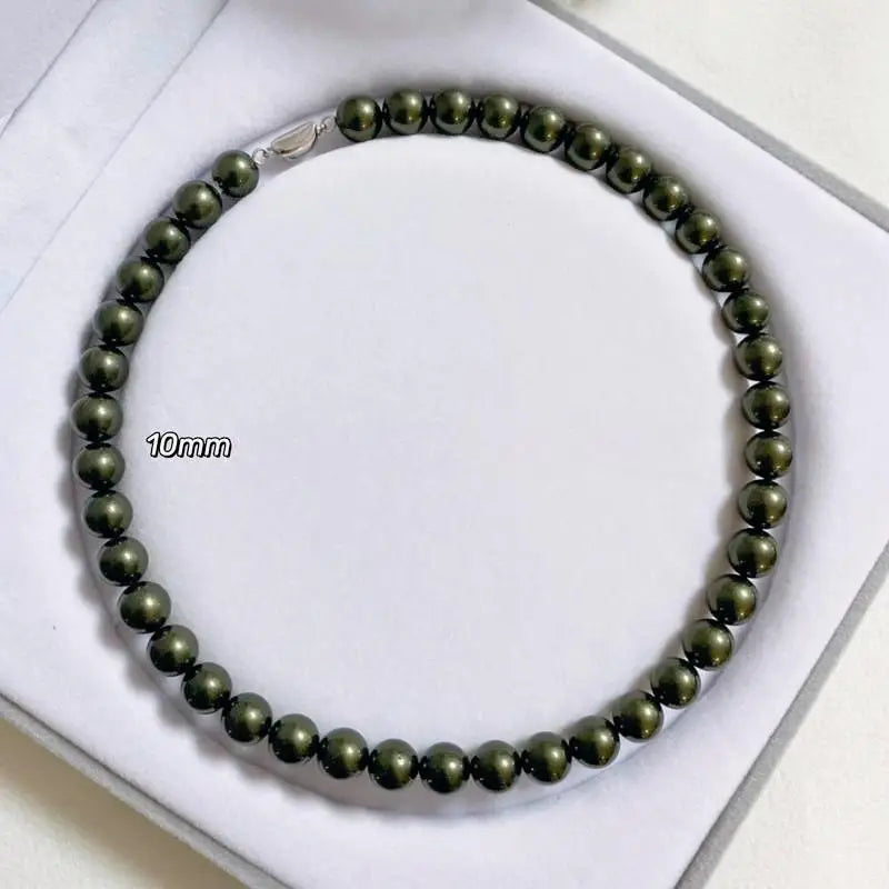 8mm-14mm dark green shell pearl necklace, women's high-end with strong luster, malachite green neck  mother of pearl
