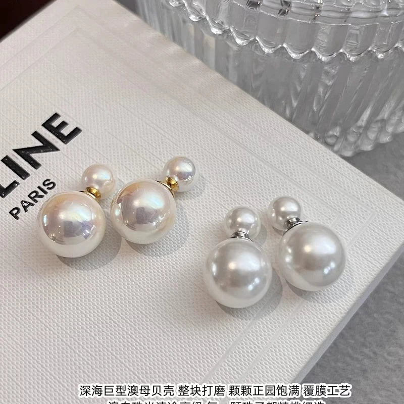 Double-sided pearl stud earrings, sterling silver women, Australian white temperament, two  shell pearl in front and rear