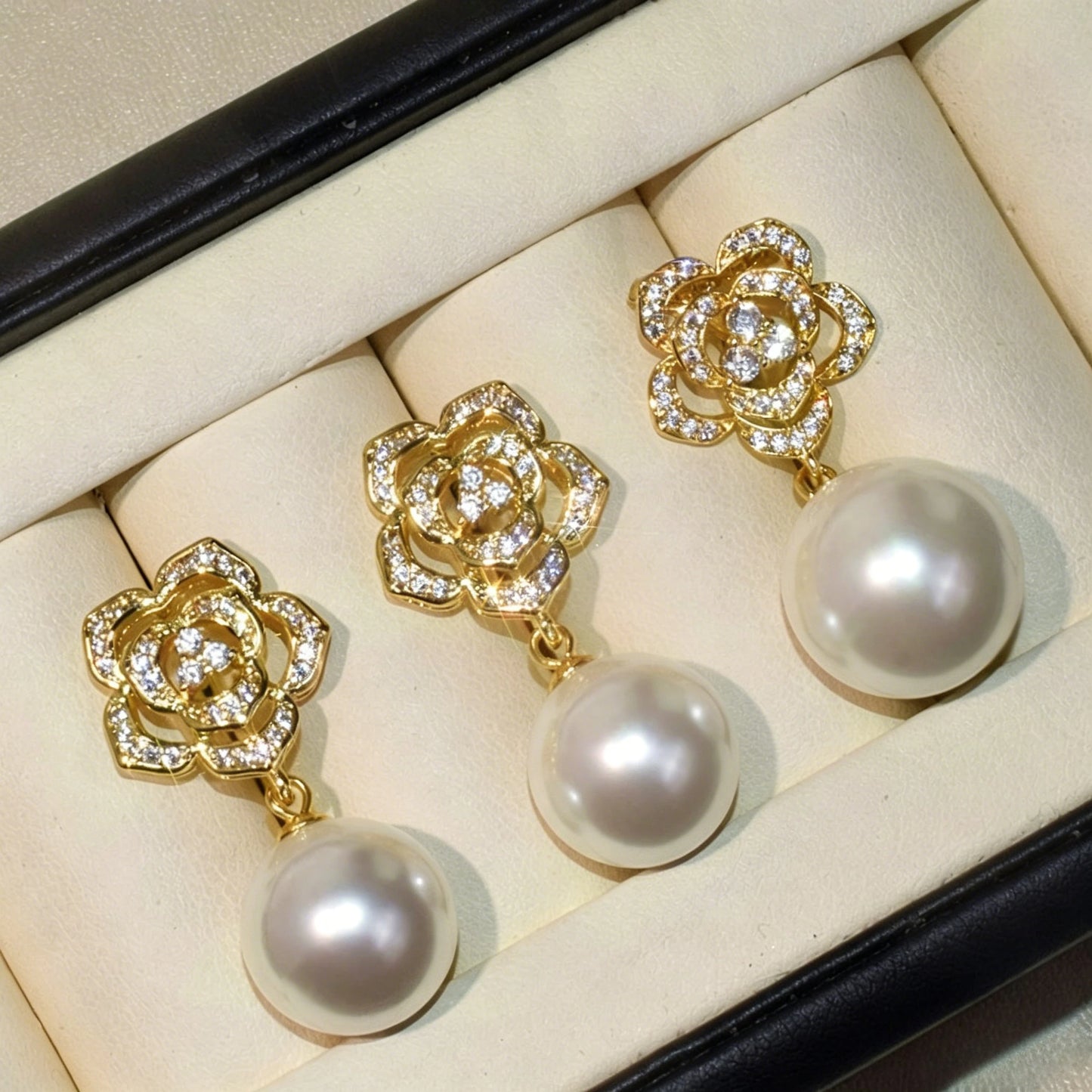 Luxury Camellia Pearl Jewelry Set – Sparkling CZ Flower Necklace & Earrings | Bridal & Daily Wear
