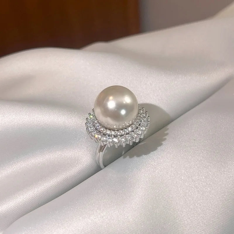 14Mm white pearl ring, large women's 2026 new popular niche design, light luxury, advanced sense, adjustable cold  shell pearl