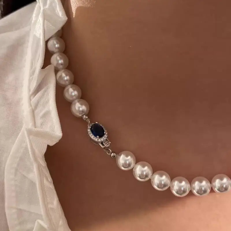 Blue Stone Button White Pearl Necklace set shell pearl mother of pearl Set Clavicle Necklace Birthday Gift mother gift earrings