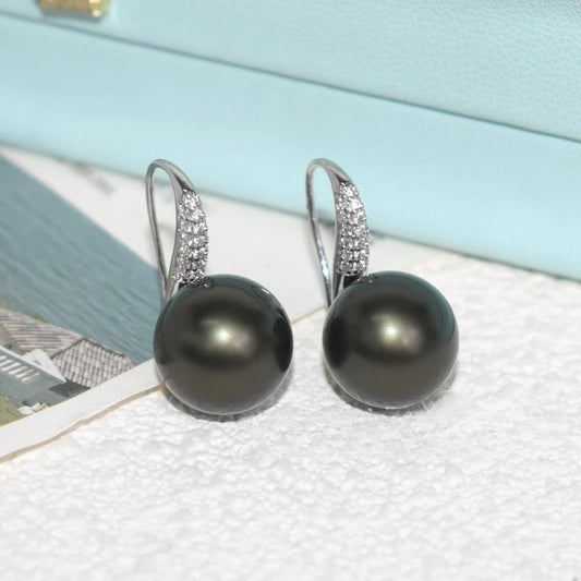 12mm Black Pearl Earrings with Sparkling Zircon – Elegant Hook Earrings for Work & Date