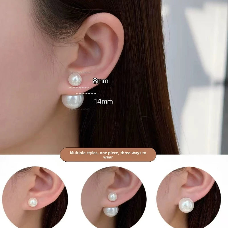 Double-sided pearl stud earrings, sterling silver women, Australian white temperament, two  shell pearl in front and rear