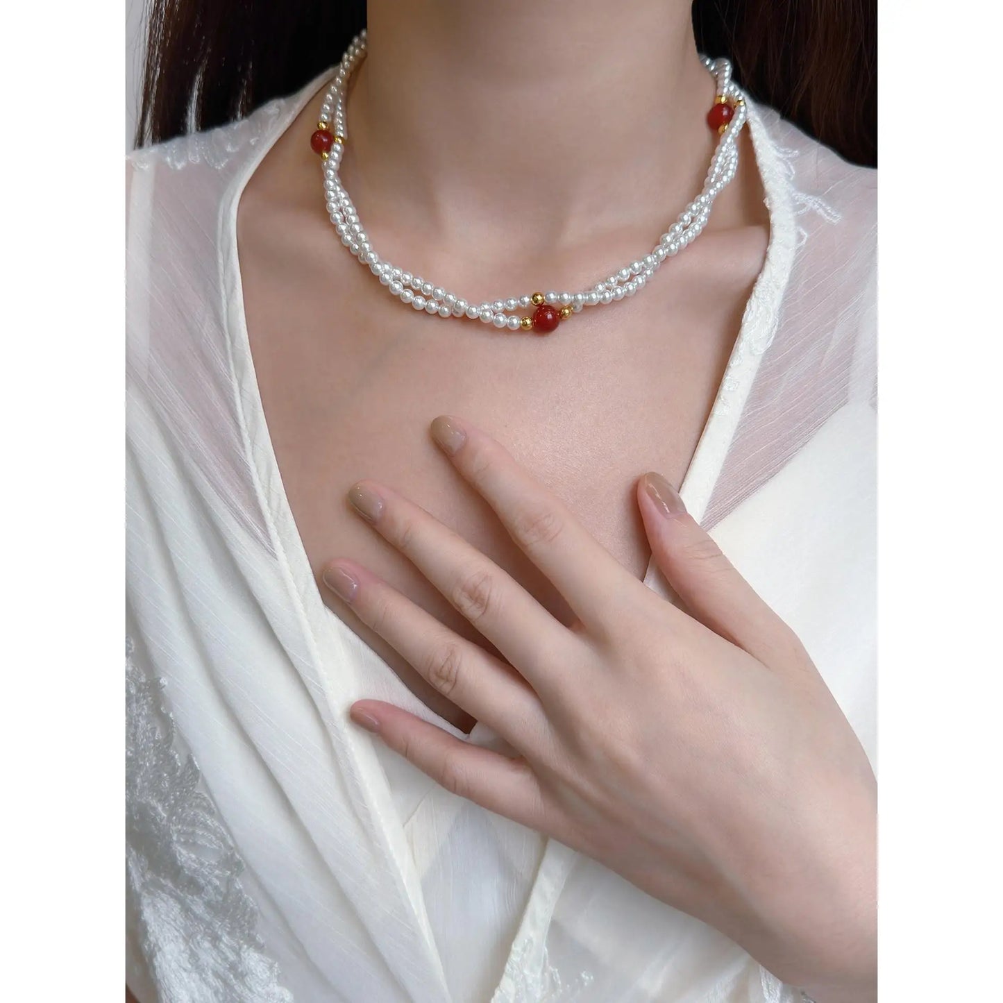 Green chalcedony and white pearl mixed necklace, long women's sweater chain,  can be layered, 2-layer or 3-layeshell