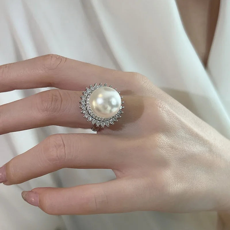 14Mm white pearl ring, large women's 2026 new popular niche design, light luxury, advanced sense, adjustable cold  shell pearl